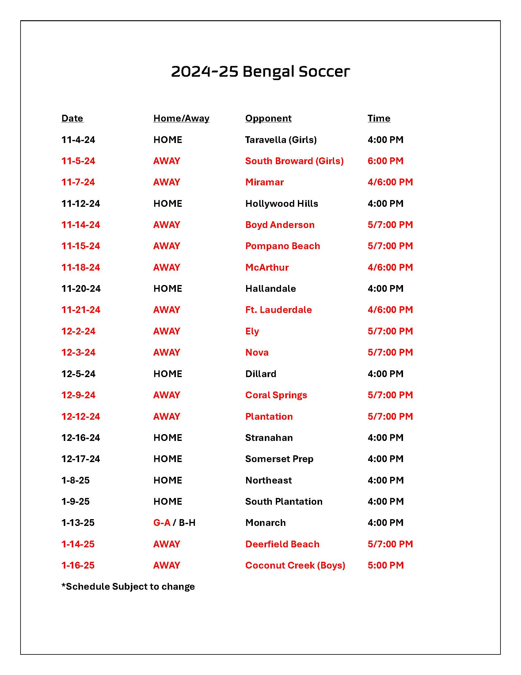 Bengal Soccer 2024-25 Schedule Bengal Soccer 2024-25 Schedule